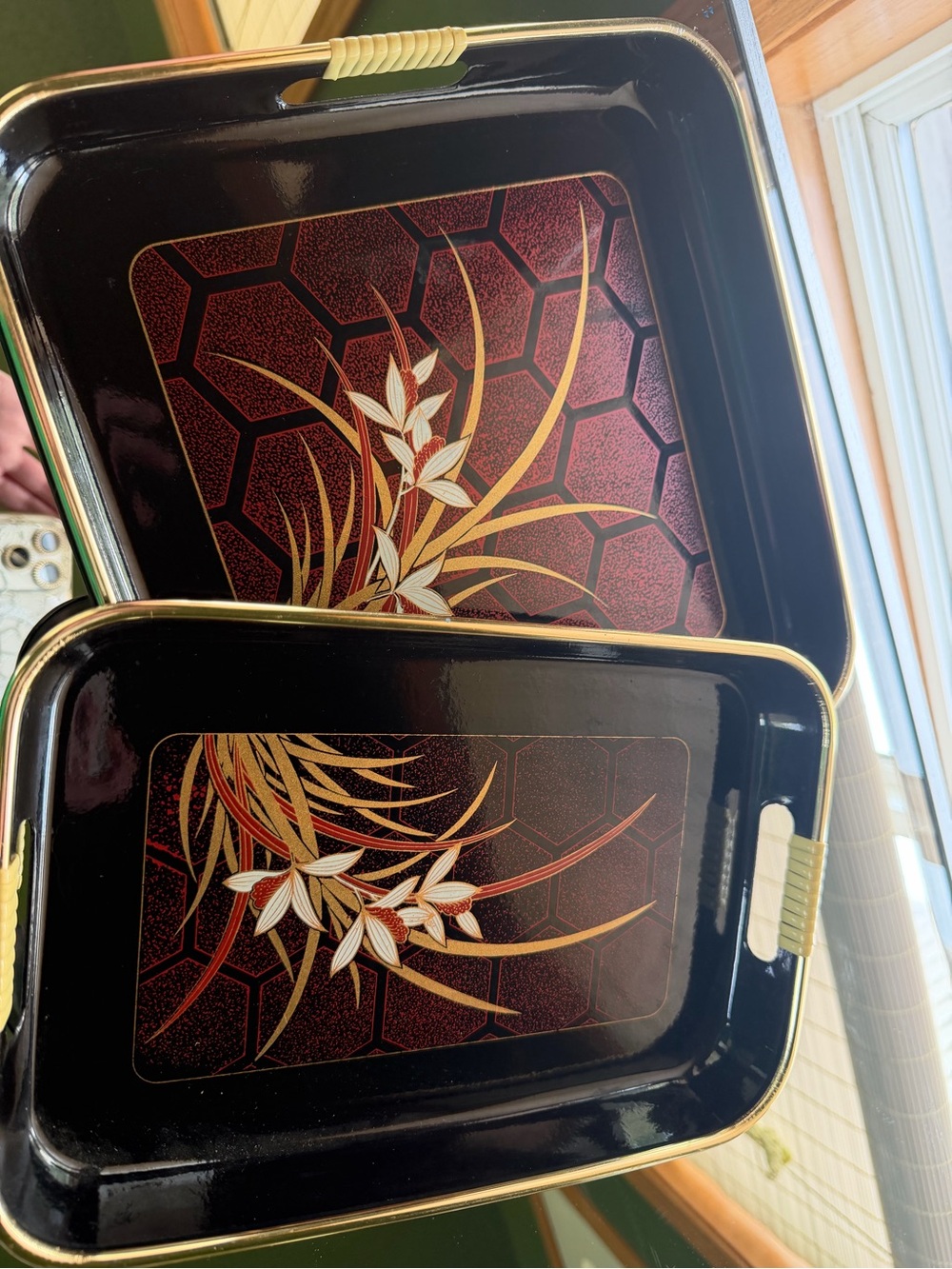 Vintage Floral Serving Trays - Black & Burgundy Lacquer with Gold Accents